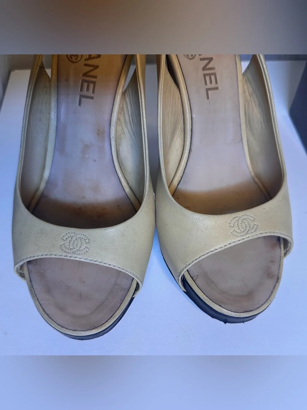 CHANEL Beige Leather Slingback Heels CC Logo Size 38C
